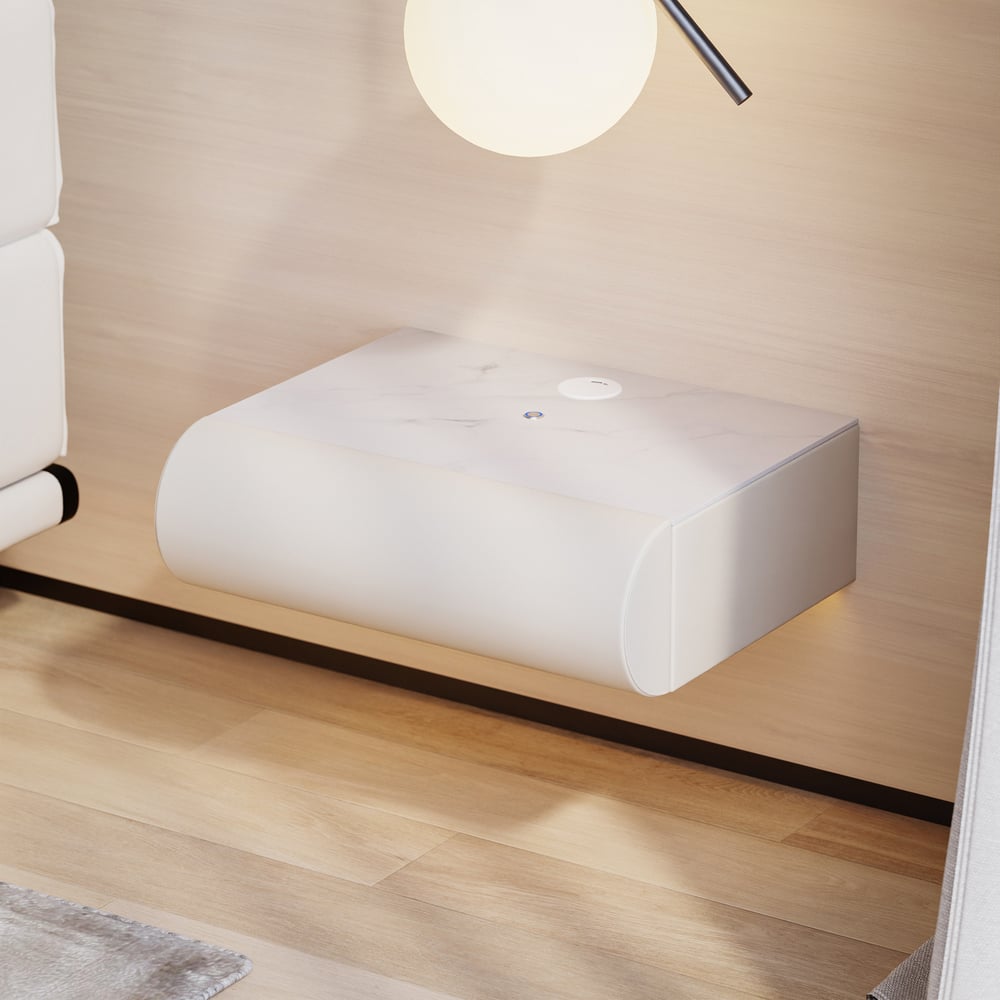 Table de chevet intelligente à LED 1 tiroir en cuir flottant Humply avec plateau en pierre frittée image de fenêtre