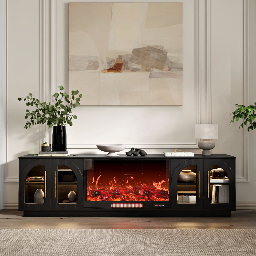 Arune 80" Arched Glass Doors TV Stand with Electric Fireplace & Remote Control window image
