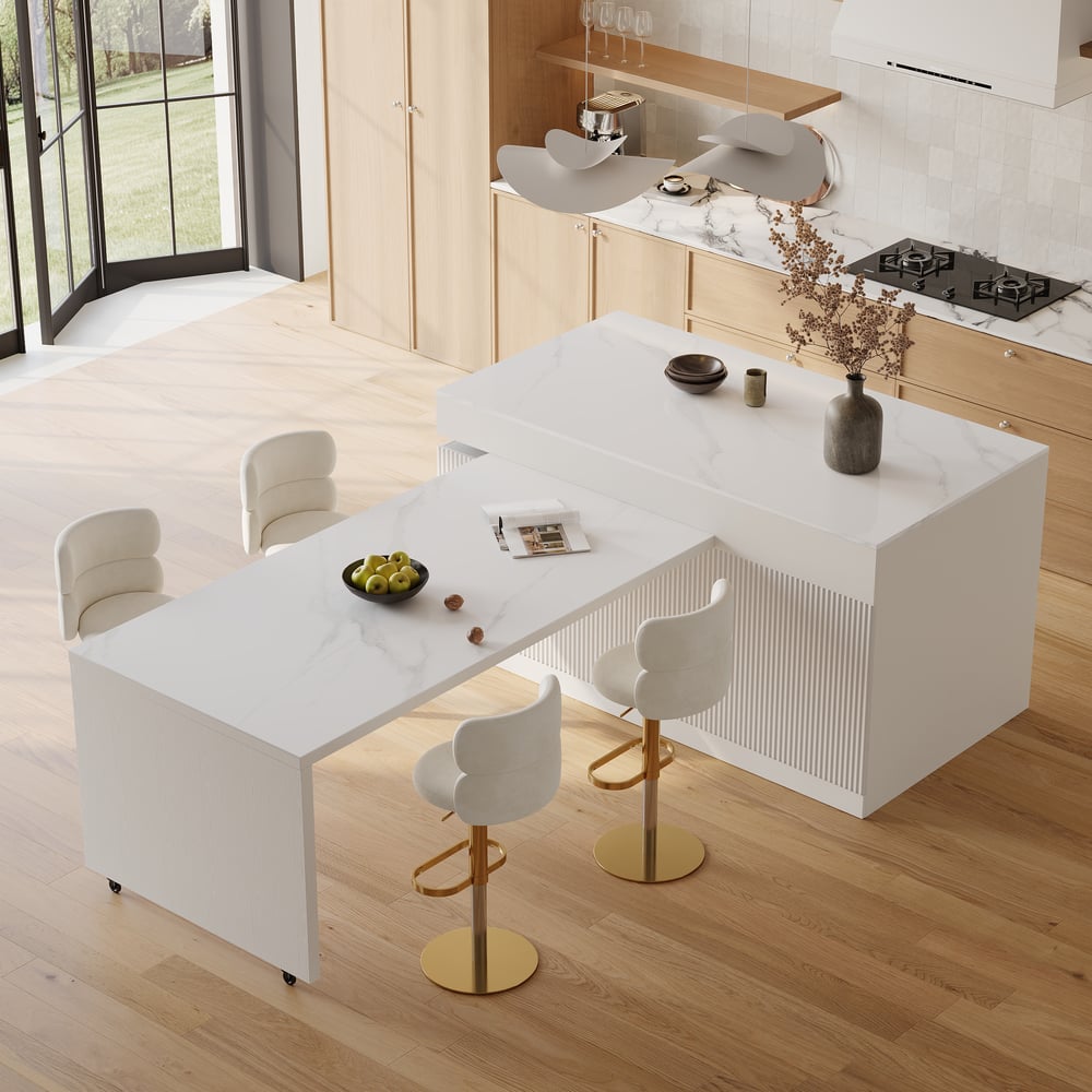 Îlot de cuisine moderne de 81" à 118" en pierre frittée avec tiroirs et portes, blanc image de fenêtre