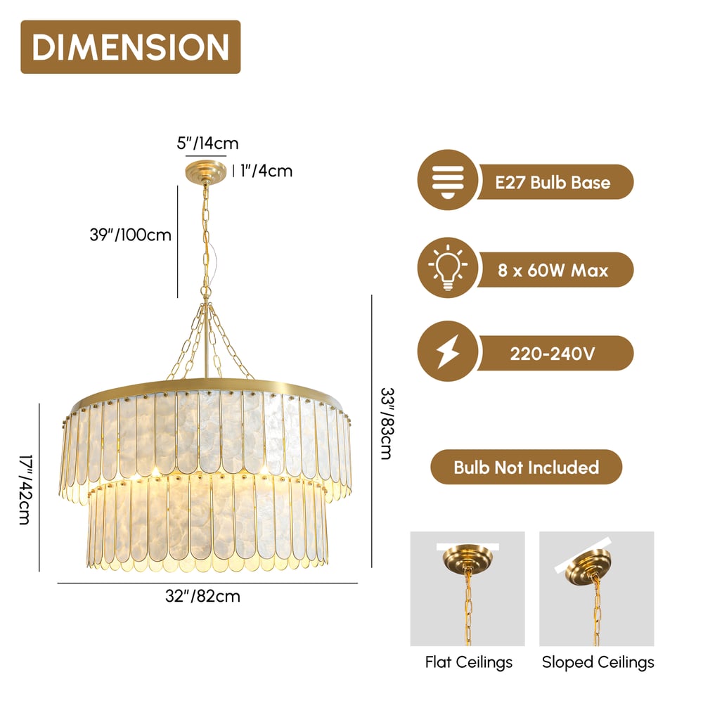 Enseo Coastal 8-Light Capiz Shell 2-Tiered Faceted Chandelier Pendant Light Gold White weights dimensions image