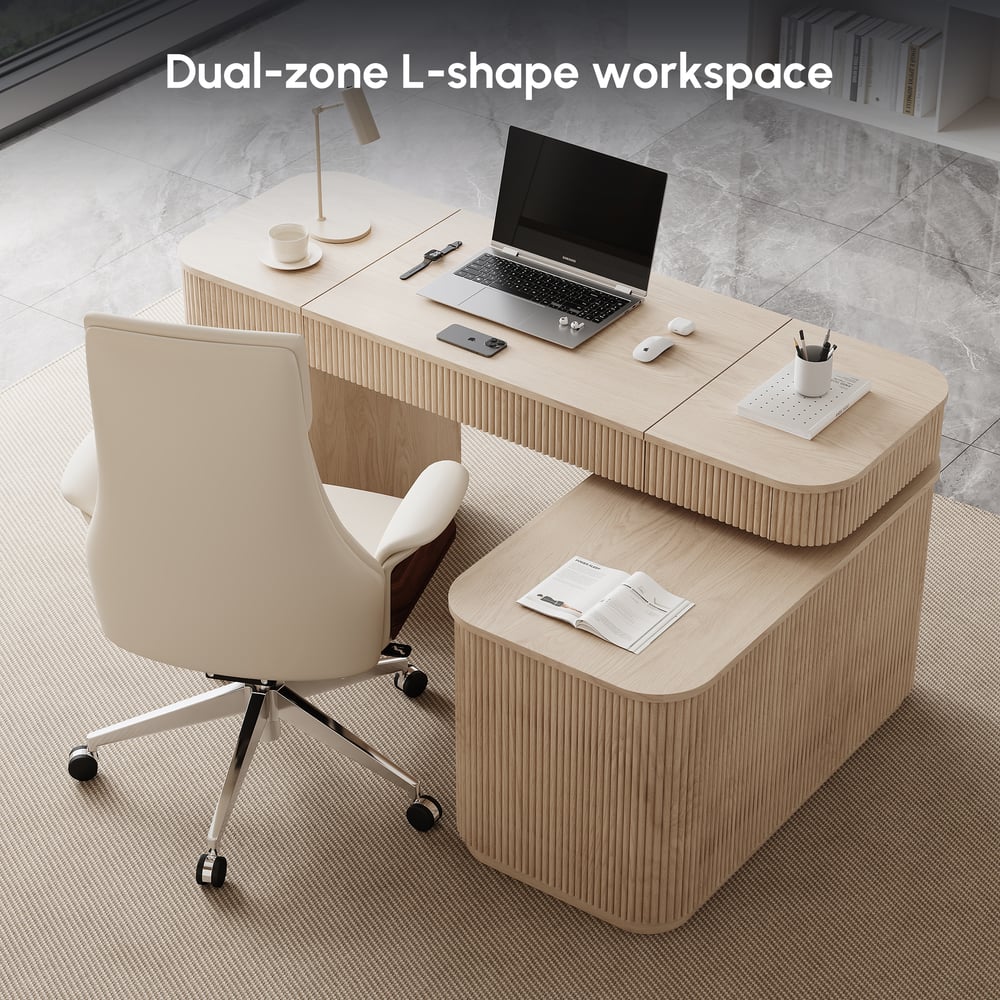 Velign 65" L-Shape Whitewash Executive Desk with Right-Side Cabinet window image