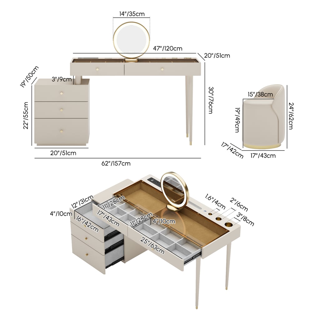 Selva Oatmeal Saddle Leather LED-Makeup Vanity Set with Charing Station and Mirror weights dimensions image