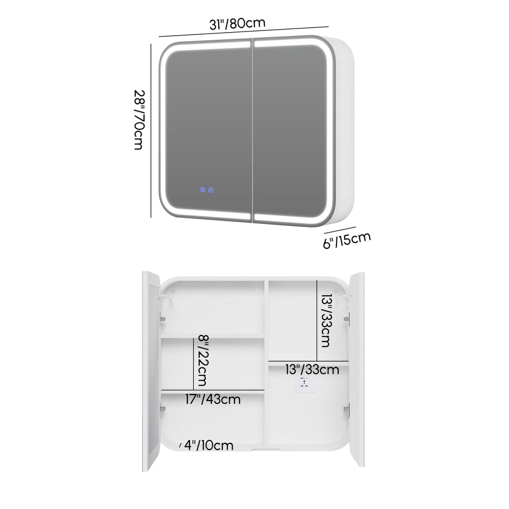 31" LED Bathroom Mirror Cabinet with Defogger, 3-Color Light, Tissue Slot weights dimensions image
