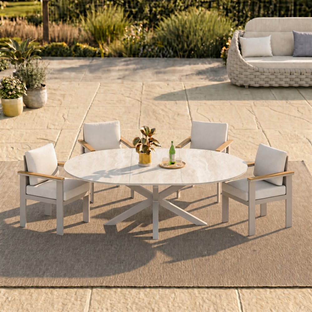Outdoor 5-Piece Round Sintered Stone Top Extendable Dining Set window image