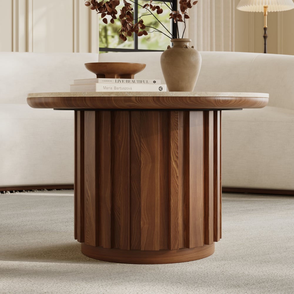 Table basse ronde à lattes en bois de frêne Aura avec plateau en pierre frittée image de fenêtre