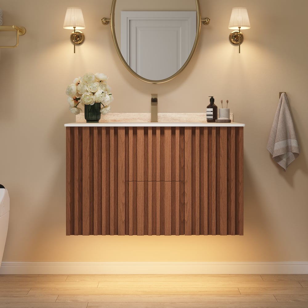 Aura 36" Bathroom Vanity with Light Ash Wood Slatted Panels Faux Travertine Top window image