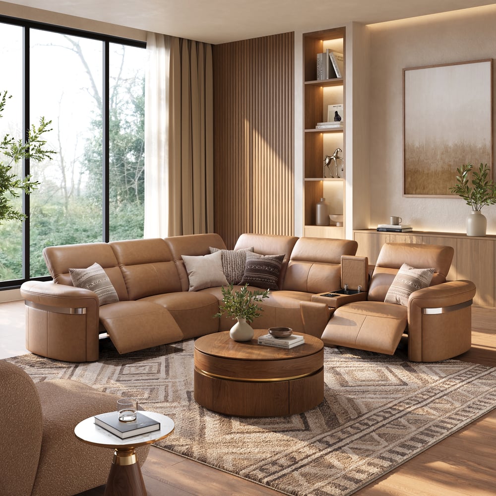 Genuine Leather Multifunction Media Console Power Reclining Sofa window image