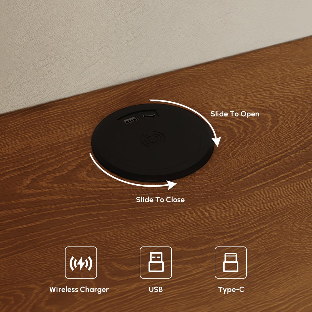 King Solid Wood Bed with Leather Extended Headboard & Floating Smart Nightstand Set window image