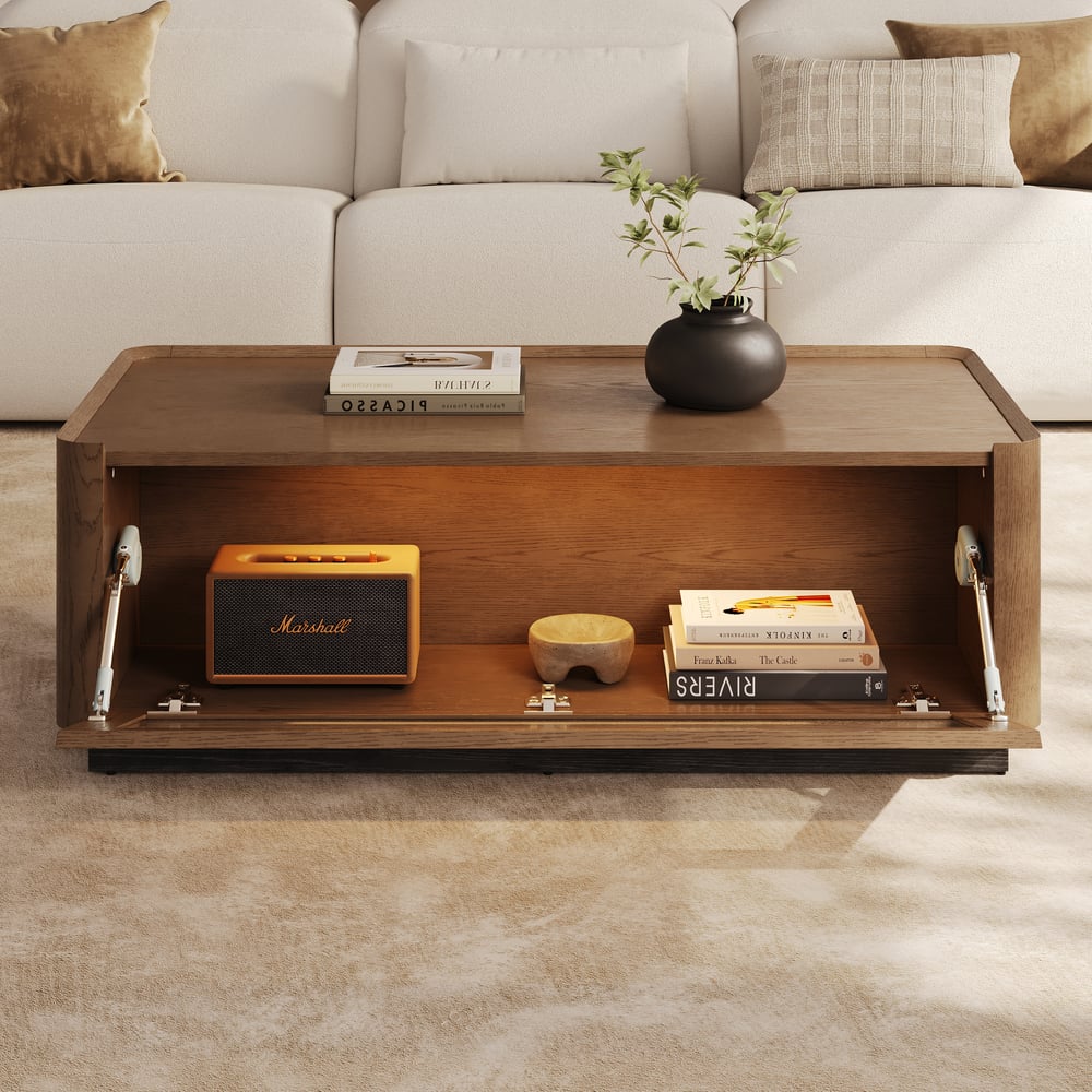 47" Glass Door Walnut Coffee Table with Storage and LED window image