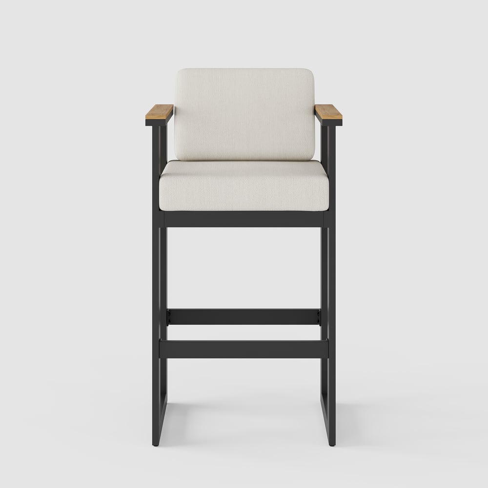 Tevara Outdoor Aluminum Frame & Teak Wood Armrest Bar Stools in Warm White, Set of 2 window image