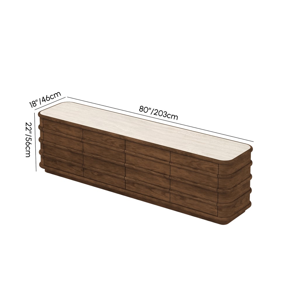 Meuble TV 80" en frêne et noyer avec plateau en pierre frittée, tiroirs et LED Poids, dimensions, image