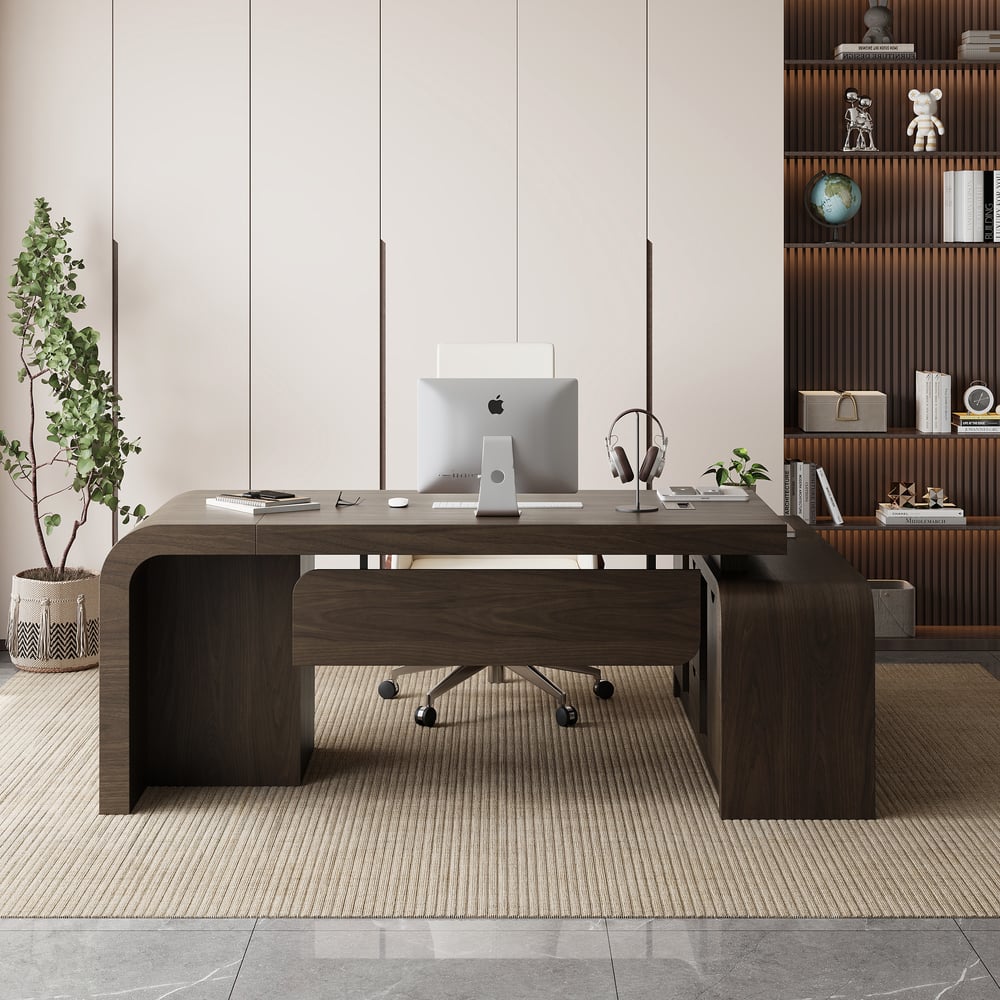 Chicent 71'' L-shaped Smoked Brown Computer Desk with Cabinet Left Hand window image