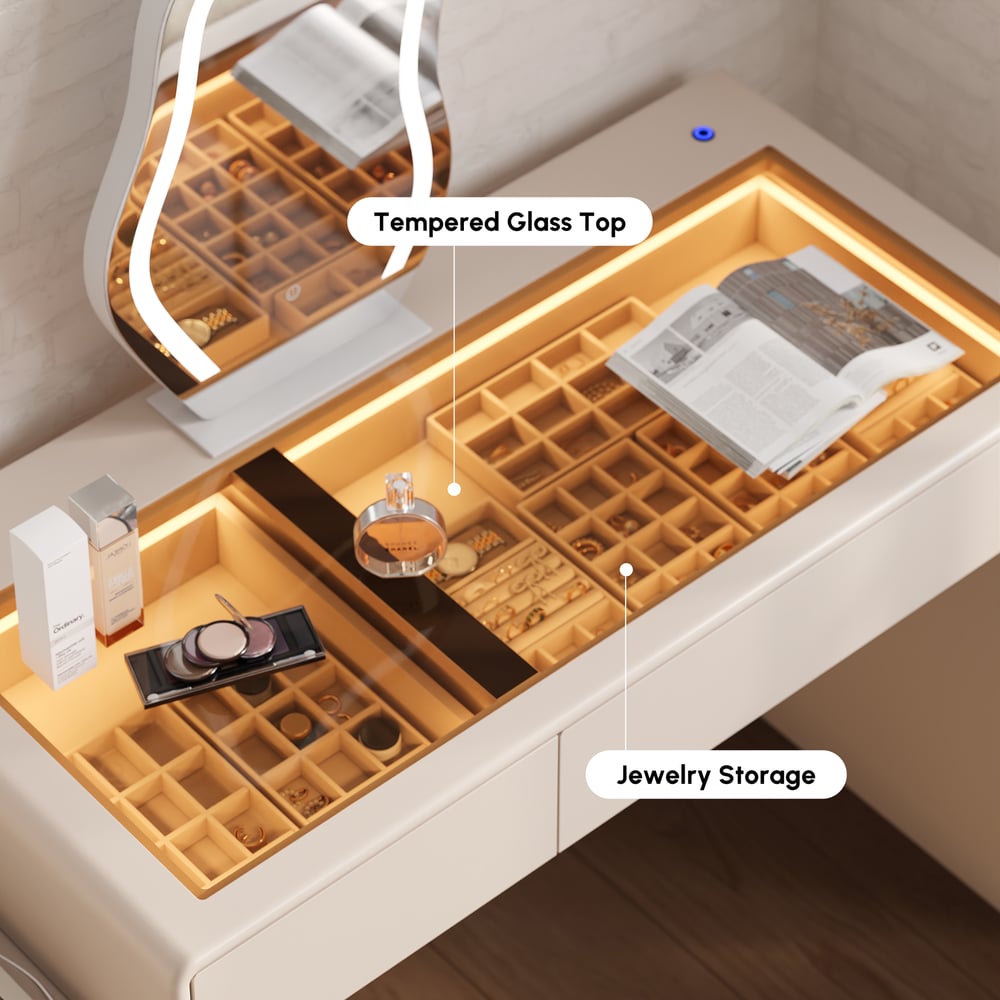 Modern Matte Warm White Makeup Vanity Set with LED Mirror and Jewelry Storage  (40"-57") window image