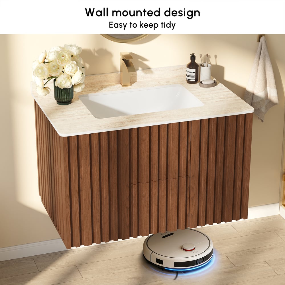 Aura 36" Bathroom Vanity with Light Ash Wood Slatted Panels Faux Travertine Top window image