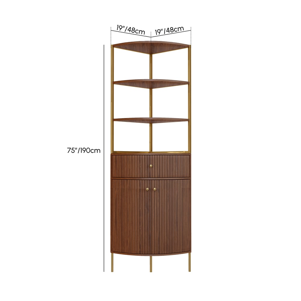 Modern 75" Walnut Etagere Corner Bookshelf with Drawer and 2-Door Cabinet weights dimensions image
