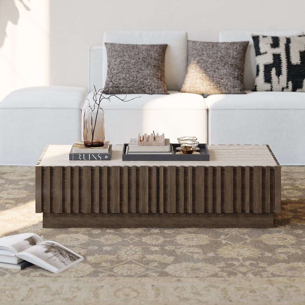 Aura 47" Ash Wood Slatted Coffee Table with Sintered Stone Top window image