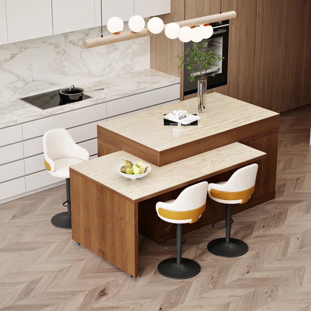 Îlot central de cuisine moderne extensible 205-284 cm avec plateau en pierre frittée mate finition noyer et rangement image de fenêtre