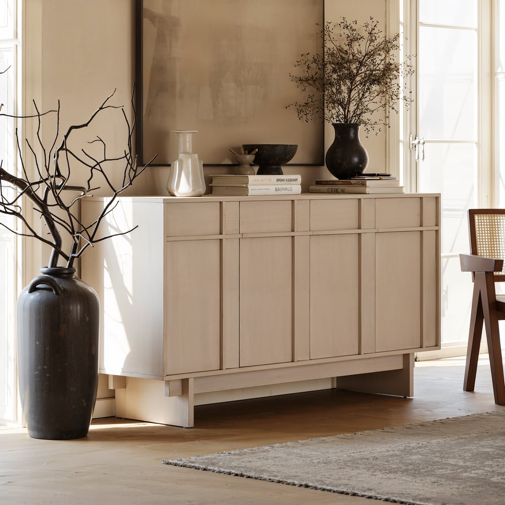 Mid Century Modern 60" Whitewash Wood Sideboard with Storage & Adjustable Shelves window image