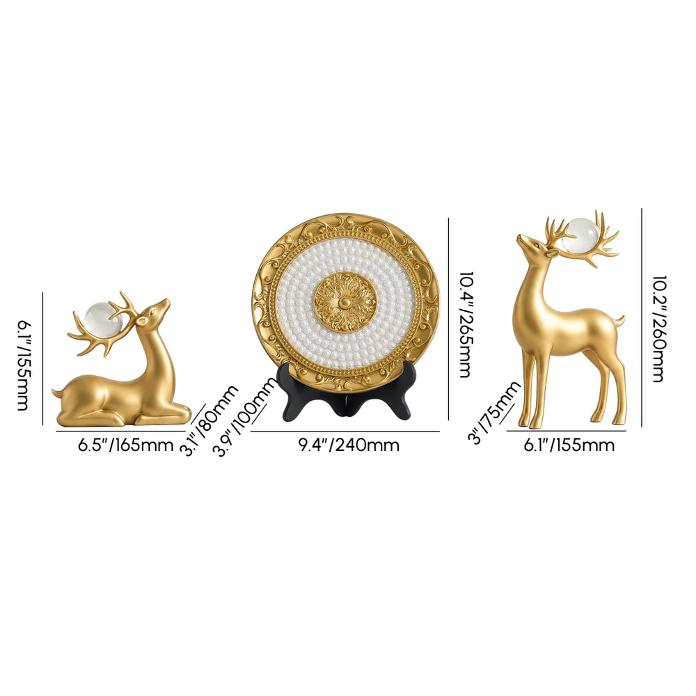3PCS Golden Deer Figurine with Decorative Plate Set Luxury Resin Animal Sculptures weights dimensions image