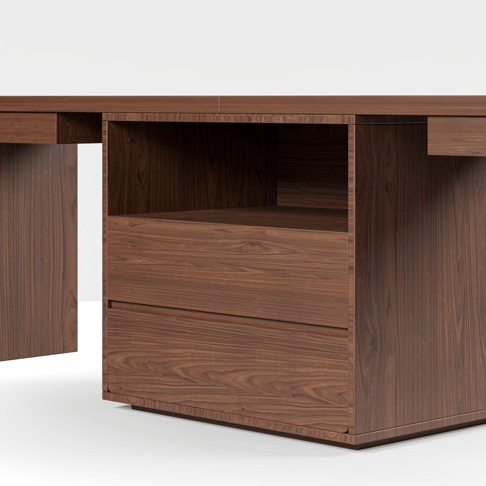 Walnut Double Desk with Drawers & 2 Black PU Leather Modern Home Office Chairs window image