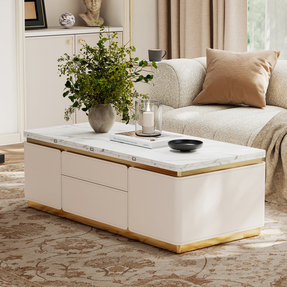 48" Ivory Saddle Leather Lift-Top Coffee Table with 2 Drawers window image