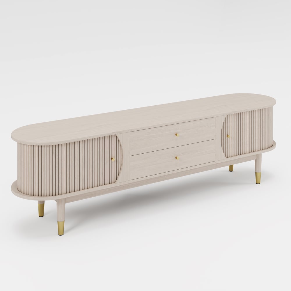 80" Ash Wood Fluted Whitewash TV Stand with Storage window image