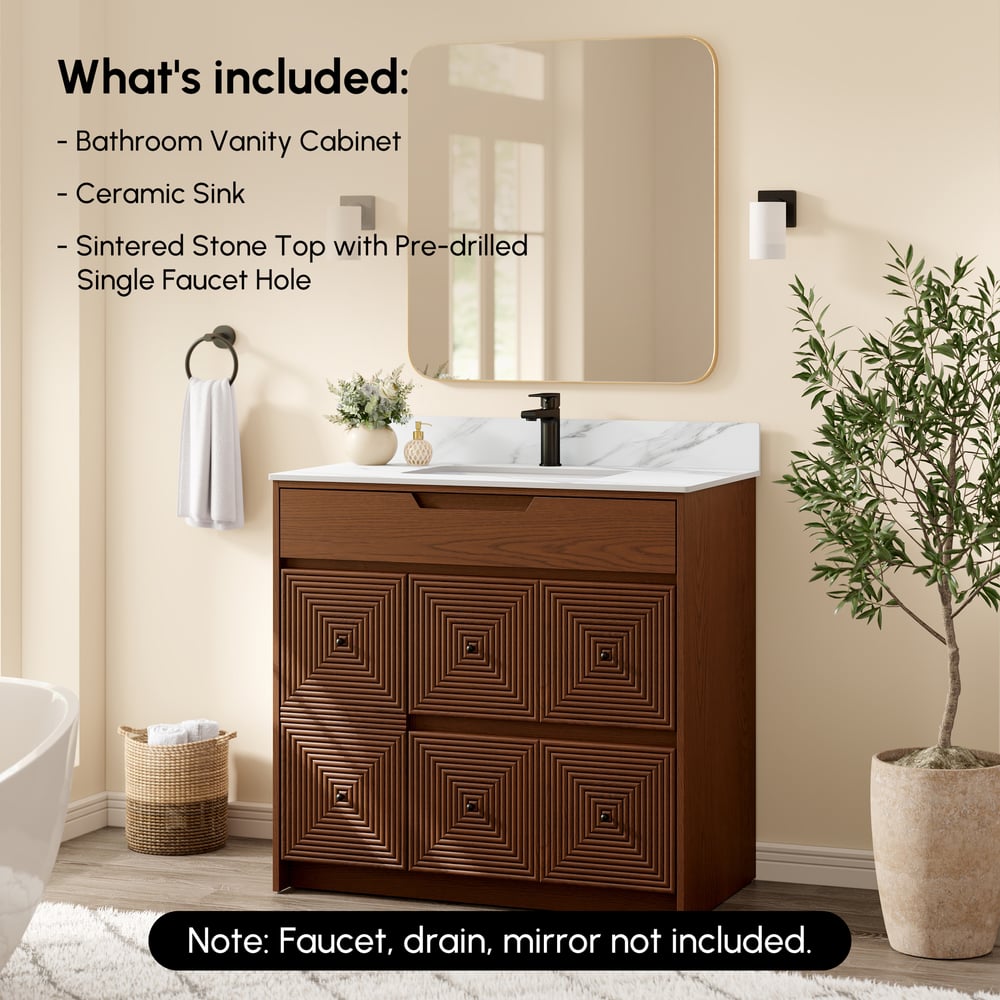 92cm Walnut Single Bathroom Vanity with Sink and Sintered Stone Top window image