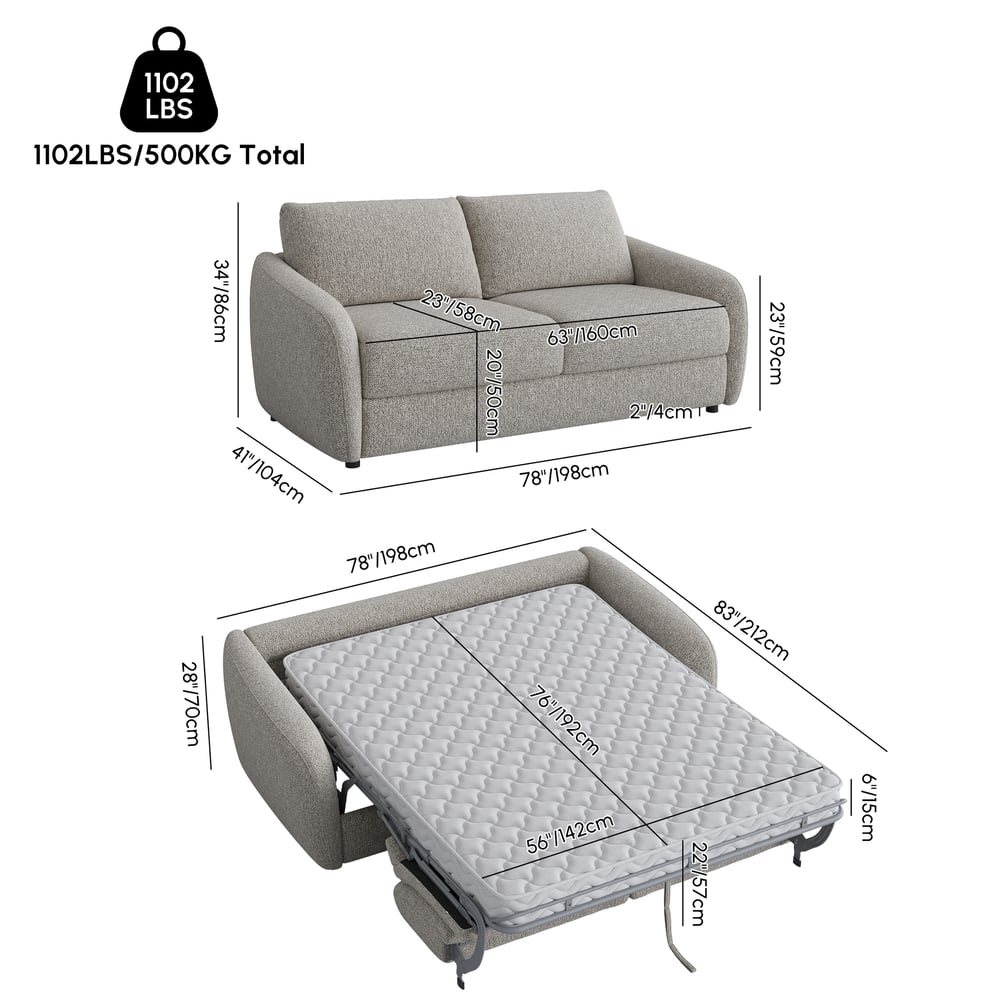 Sofá-cama de chenille com desempenho moderno Imagem com pesos e dimensões