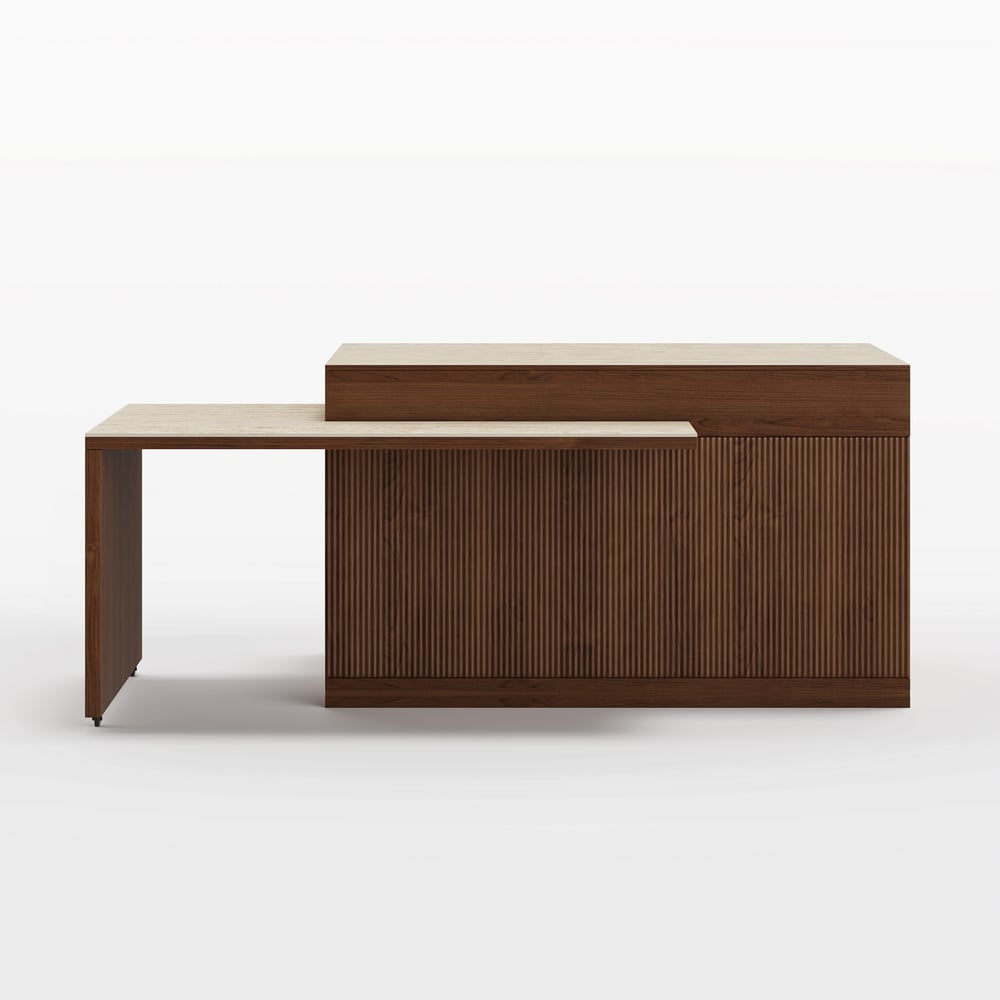 Îlot central de cuisine moderne extensible 205-284 cm avec plateau en pierre frittée mate finition noyer et rangement image de fenêtre