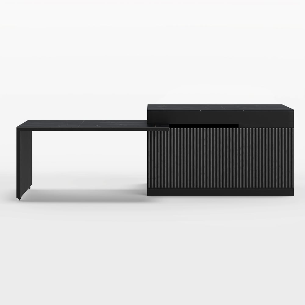 Îlot de cuisine extensible en pierre frittée mate de 81''-112" avec rangement, Noir image de fenêtre
