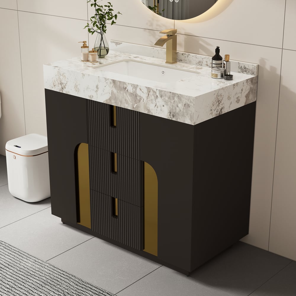 Meuble-lavabo simple autoportant Artis de 91cm avec dessus en pierre frittée image de fenêtre