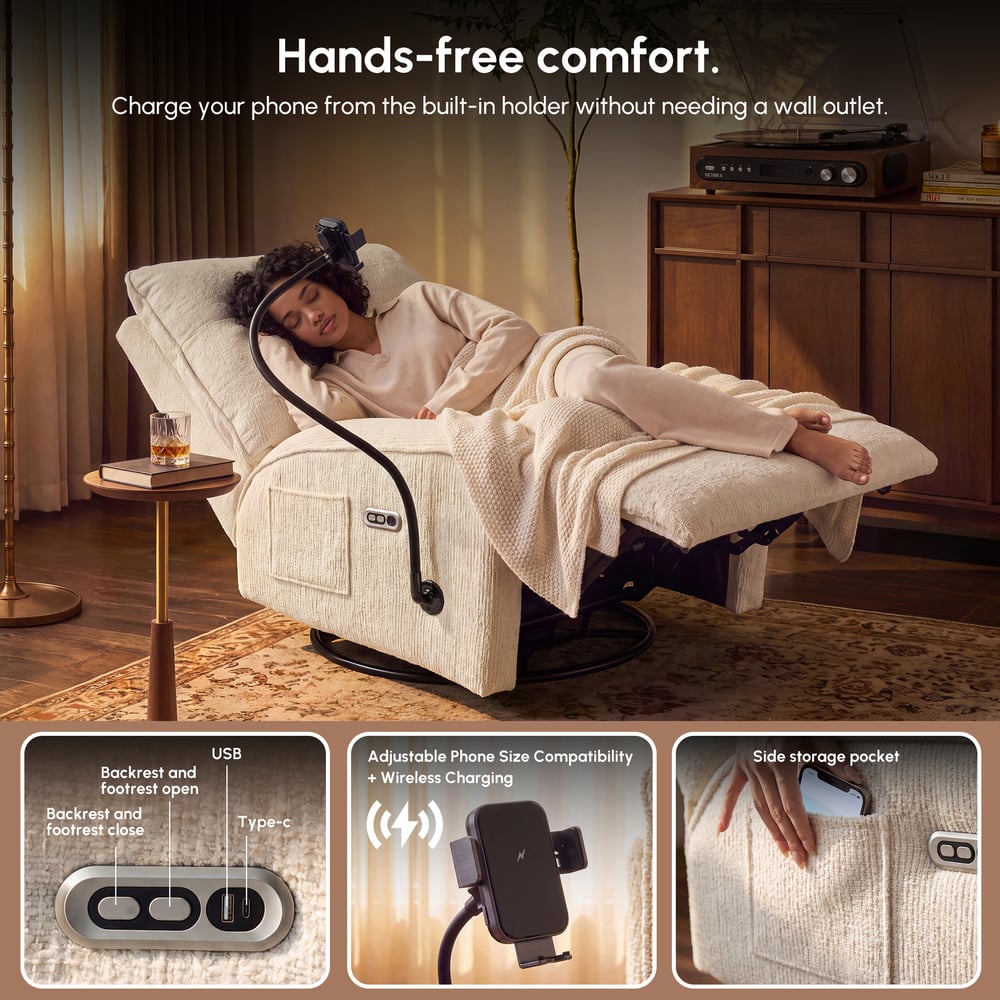 Performance Chenille Power Swivel Rocker Recliner Accent Chair with Phone Holder window image