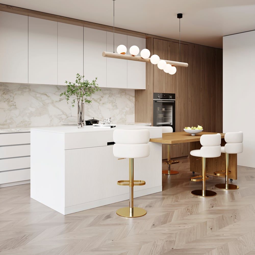 Îlot de cuisine extensible en bois de 81''-112" avec rangement, Naturel & Blanc image de fenêtre