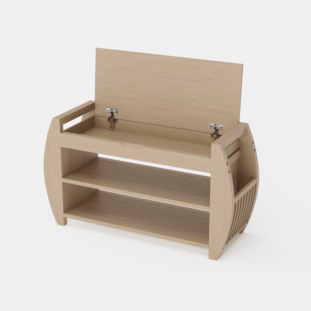 Banc d'entrée de rangement pour chaussures en placage de bois blanchi de 32 pouces avec porte-chaussures image de fenêtre