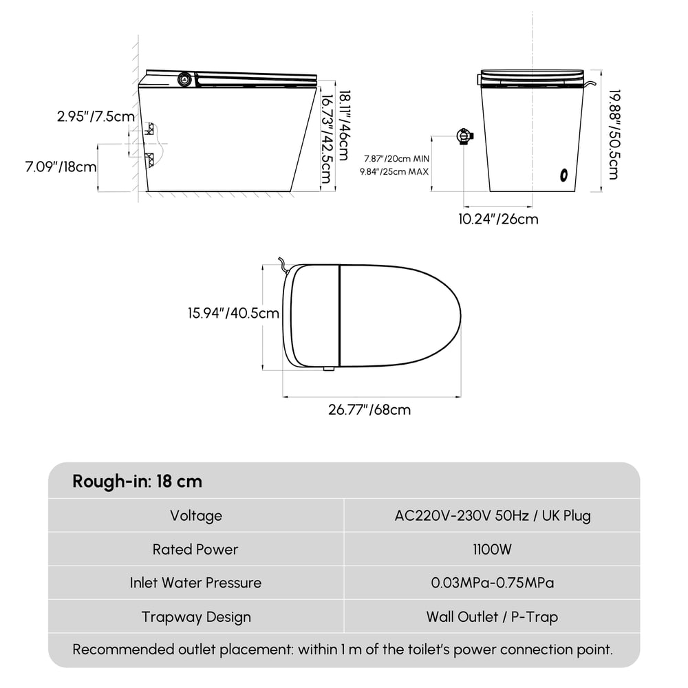 Hynova Smart Bidet Toilet with Powerful Flush, Built-in Tank, Foam Shield, Chair-Height weights dimensions image