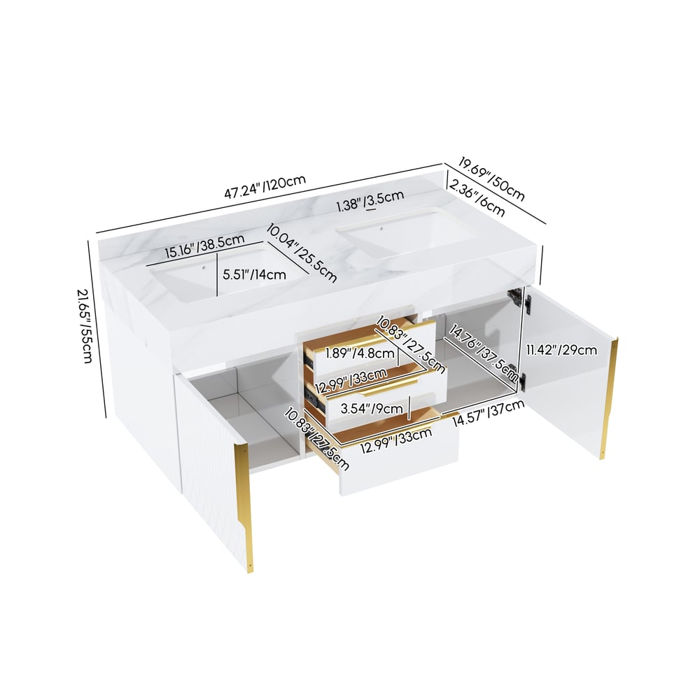 Aro 120cm Floating Double Bathroom Vanity with Sink and Sintered Stone Top weights dimensions image