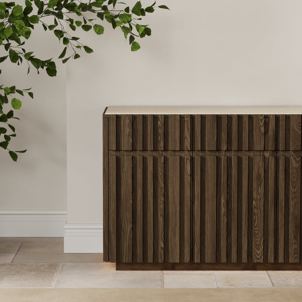 Aura 65" Ash Wood Slatted TV Stand with Sintered Stone Top window image