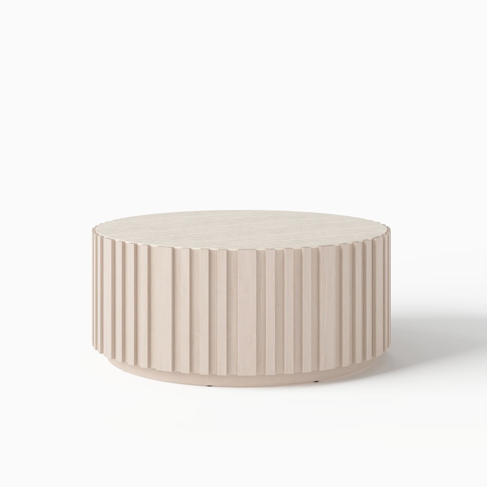 Aura 35" Round Washed White Slatted Sintered Stone Coffee Table with 2 Drawers window image