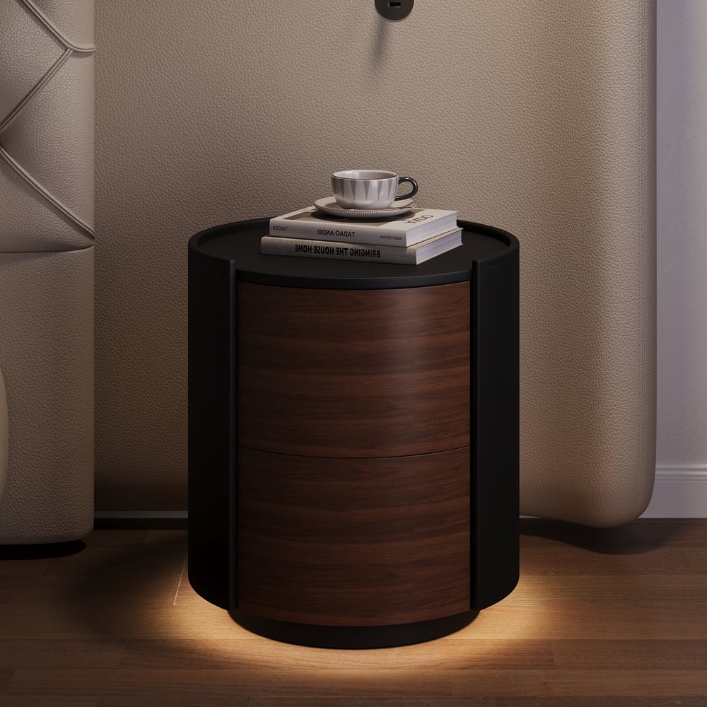 Modern Black Saddle Leather 2-Drawer Nightstand with Charging Station & Light window image