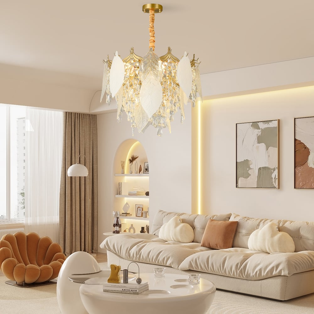 Luxusní patrový lustr z listového skla a křišťálu s nastavitelnou výškou zavěšení obrázek okna