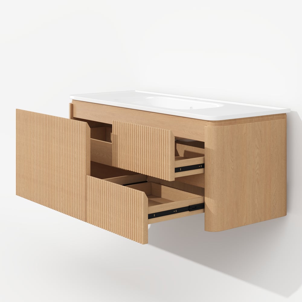 Moderní 119 cm plovoucí rýhovaná koupelnová skříňka s umyvadlem, měkkým LED osvětlením a dostatkem úložného prostoru obrázek okna