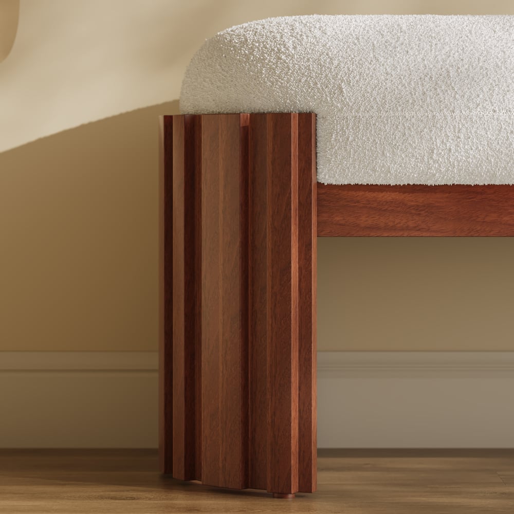 Aura 47” Walnut Wooden Boucle Upholstered Entryway Bench window image
