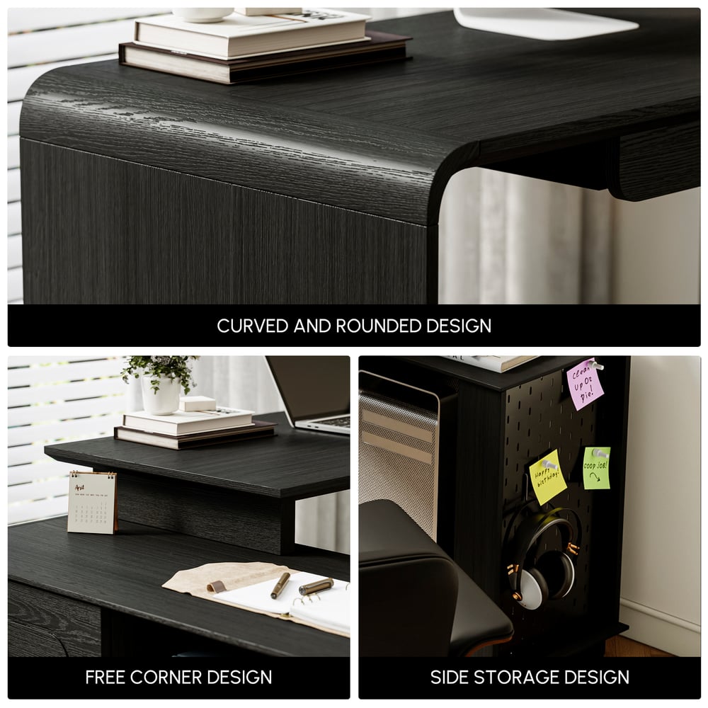 Modern 73" L-Shaped Black Rotating Desk with Keyboard Tray & Storage window image