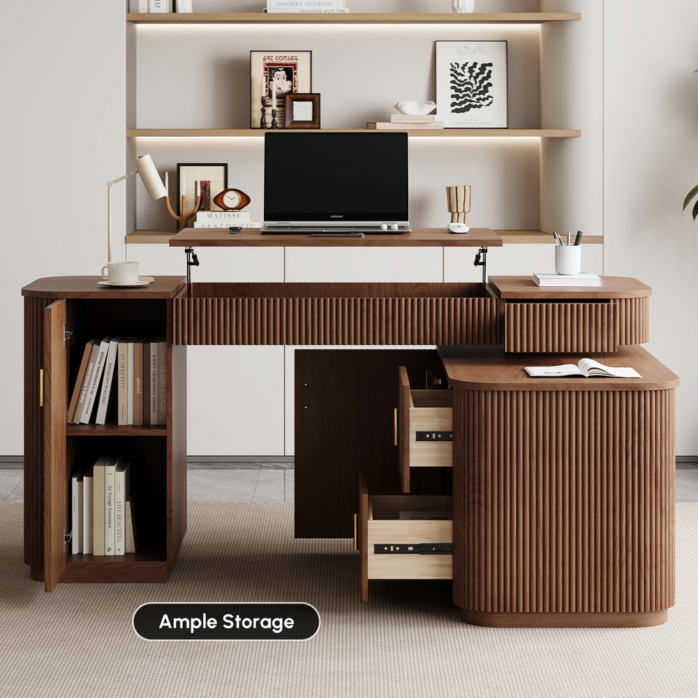 Modern 60" L-Shape Walnut Executive Desk with Drawers & Cabinet Right Hand window image