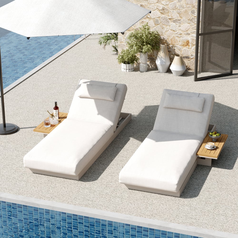 Tevara 2-Piece Sand Teak & Aluminum Adjustable Outdoor Chaise Lounge with Black Cover window image