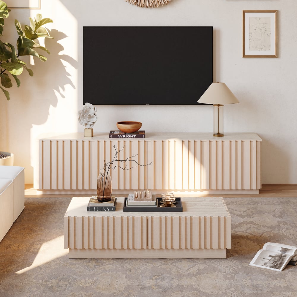 Aura 47" Ash Wood Slatted Coffee Table with Sintered Stone Top window image