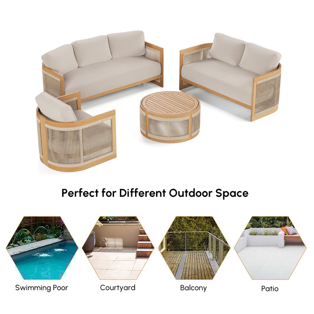 4-Piece Outdoor Teak & Rope Weave Sofa Set with Coffee Table for 6 window image