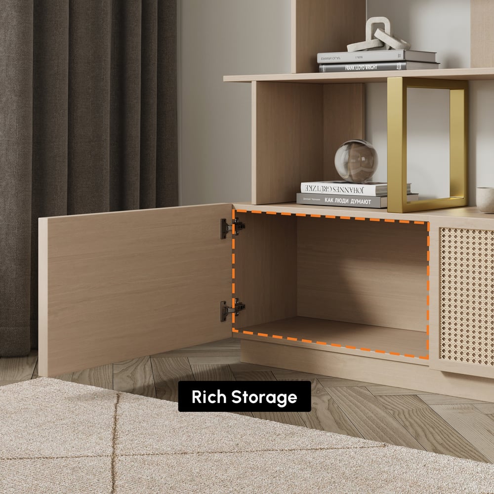 5-Tier Whitewash Bookshelf with 2 Drawers Wooden Bookcase in Gold (64.8" High) window image