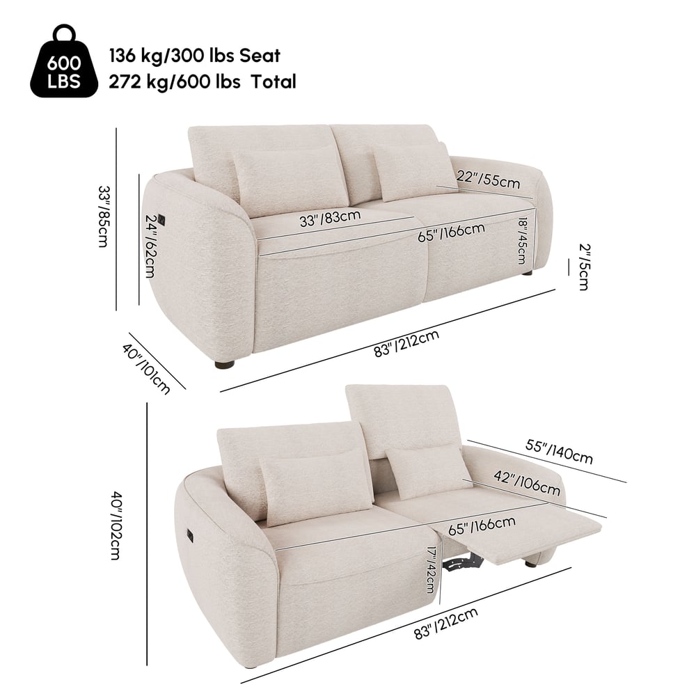 Canapé inclinable électrique 2 places en chenille, 212 cm, compatible avec les animaux domestiques, avec dossier réglable Poids, dimensions, image