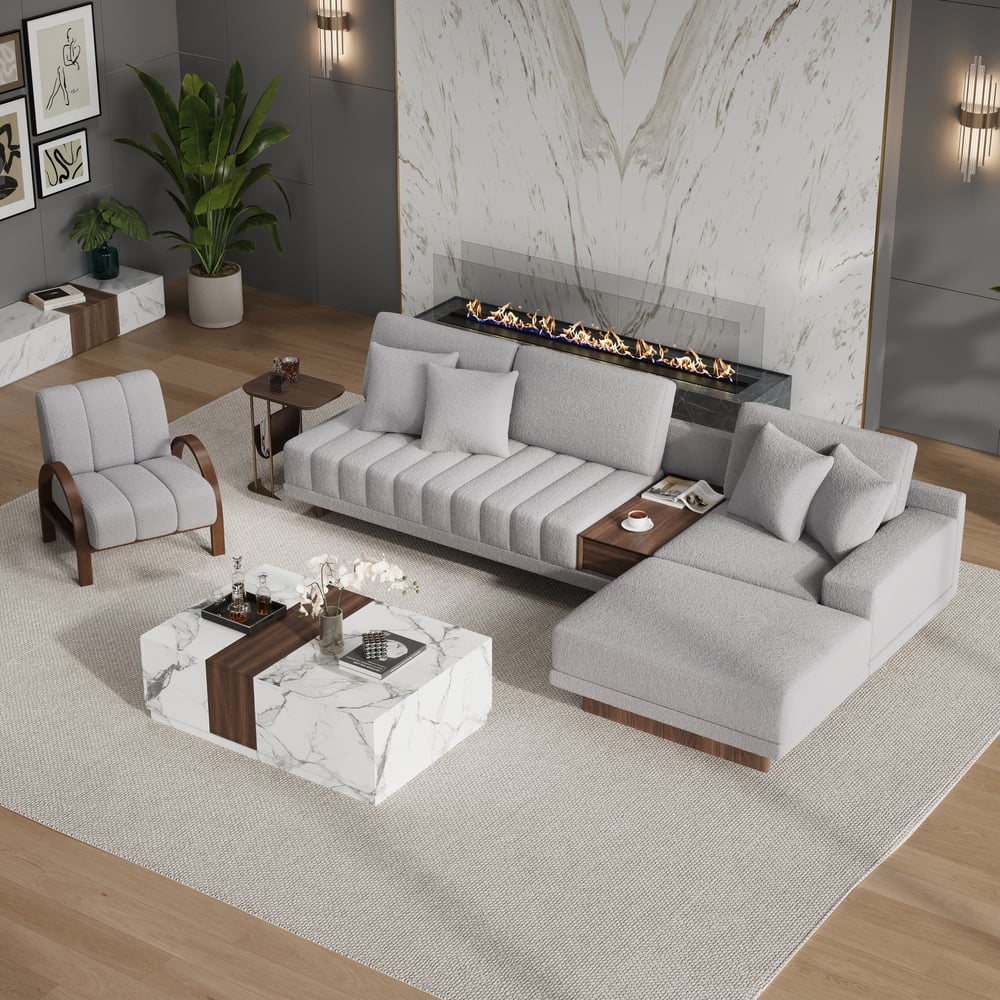 Sofá modular en forma de L Vewal de 320 cm en tela bouclé con chaise longue y otomana Imagen de ventana